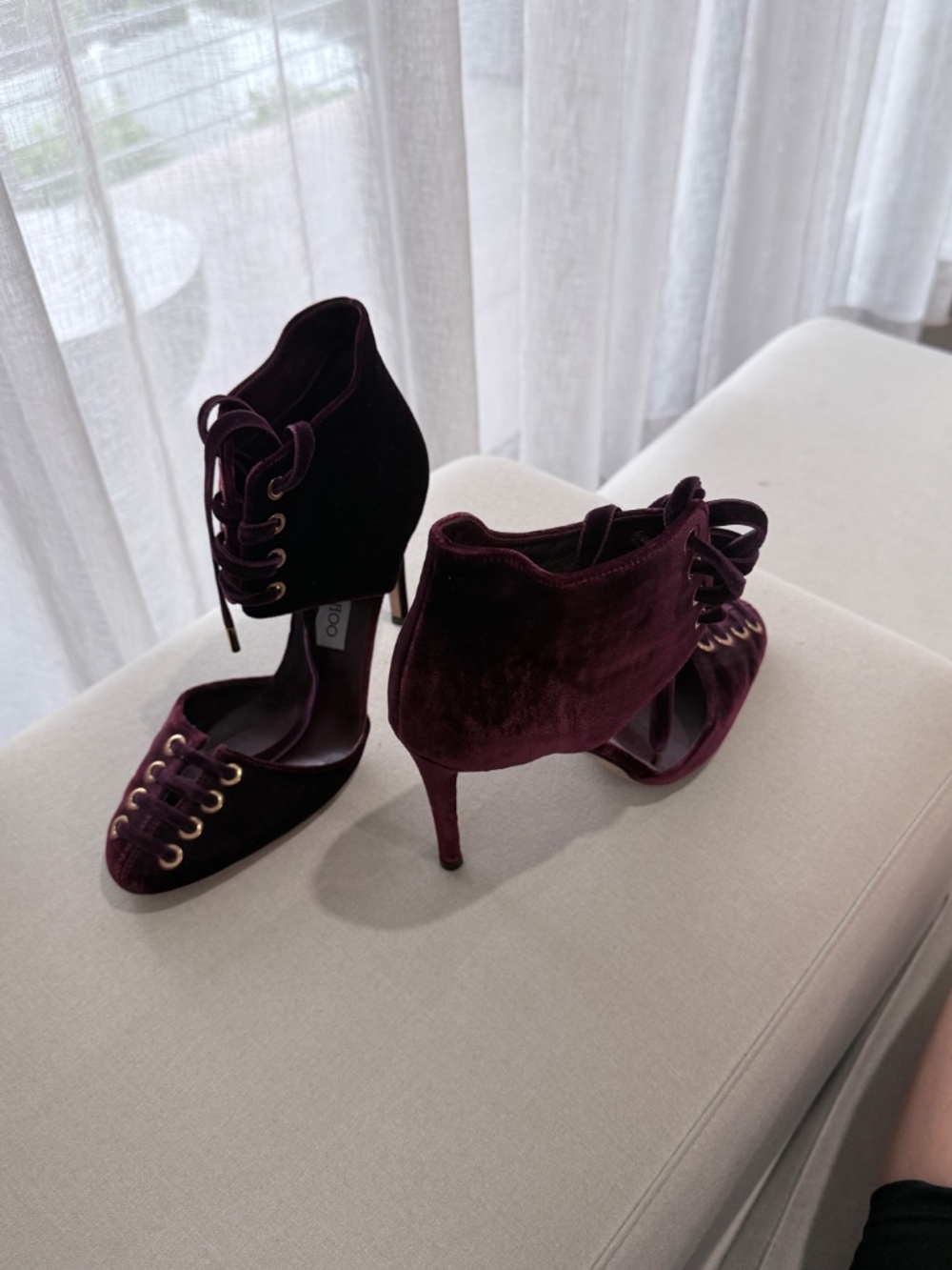 Jimmy Choo burgundy velvet lace-up d’Orsay ankle-cuff pumps. I used it 1 time! - Picture 5 of 12